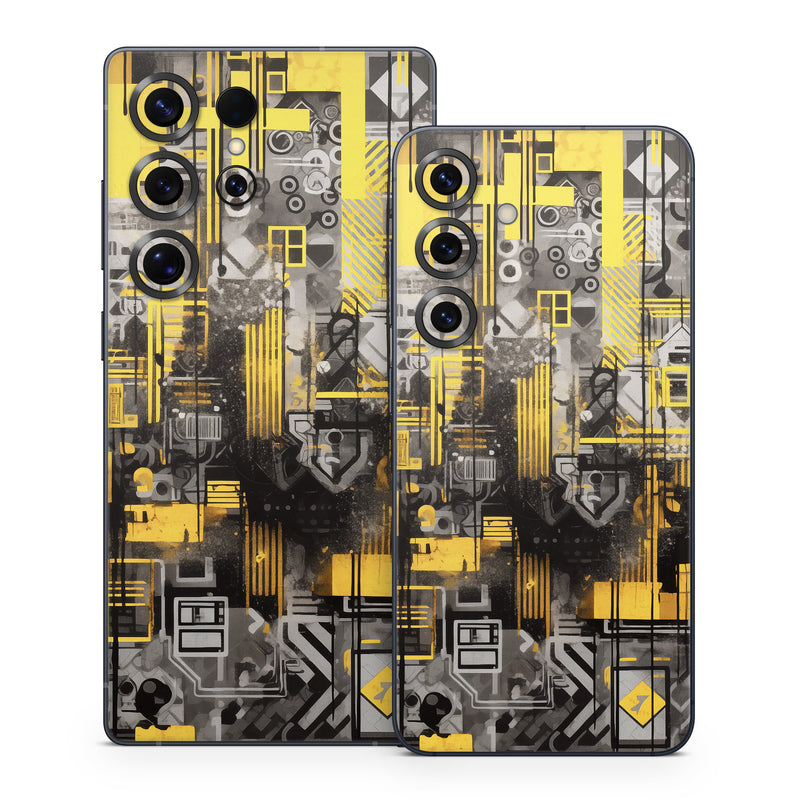 Samsung Galaxy S25 Series Skin design of Rectangle, Yellow, Font, Art, City, Engineering, Tints and shades, Pattern, Symmetry, Space, with black, white, gray, yellow colors