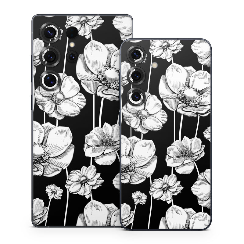 Samsung Galaxy S25 Series Skin design of Flower, Black-and-white, Plant, Botany, Petal, Design, Wildflower, Monochrome photography, Pattern, Monochrome, with black, gray, white colors
