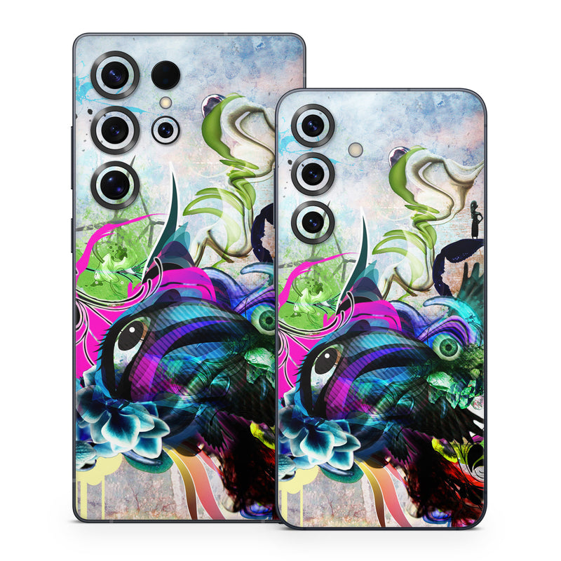 Samsung Galaxy S25 Series Skin design of Graphic design, Psychedelic art, Art, Illustration, Purple, Visual arts, Graffiti, Street art, Design, Painting, with gray, black, blue, green, purple colors