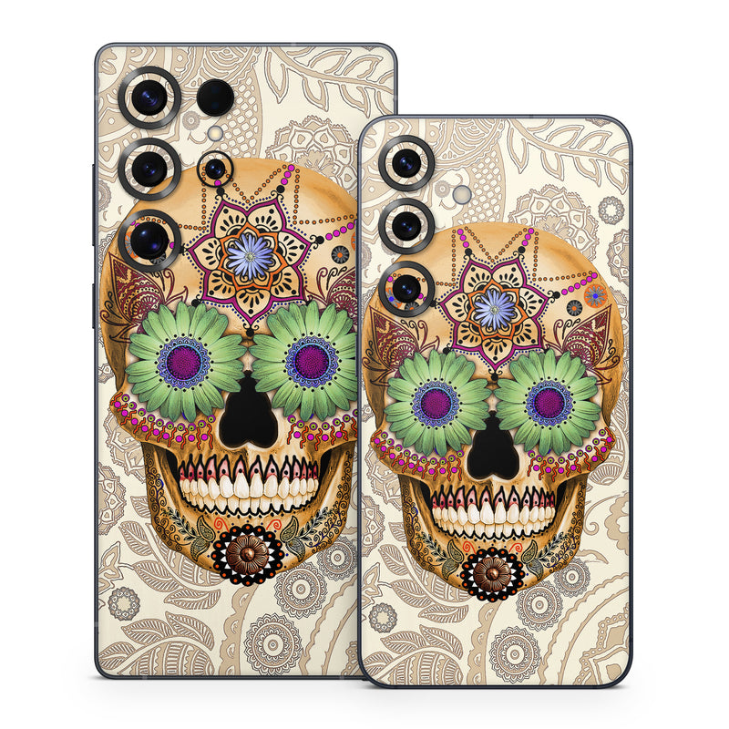 Samsung Galaxy S25 Series Skin design of Skull, Bone, Pattern, Design, Illustration, Visual arts, Fashion accessory, Art, with gray, yellow, green, black, red, pink colors