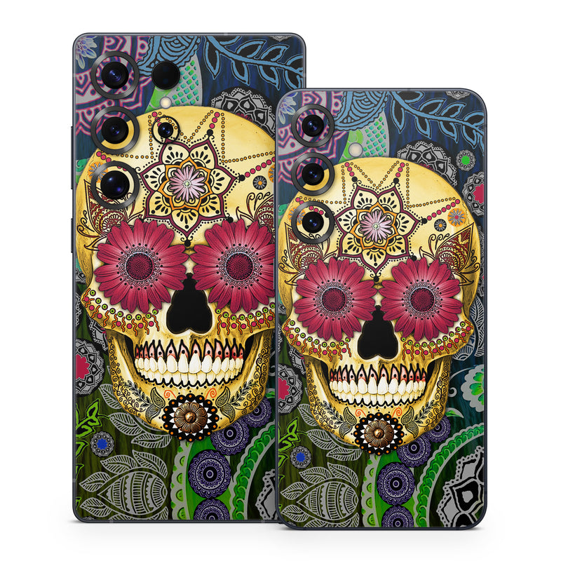 Samsung Galaxy S25 Series Skin design of Skull, Bone, Pattern, Psychedelic art, Visual arts, Design, Illustration, Art, Textile, Plant, with black, red, gray, green, blue colors