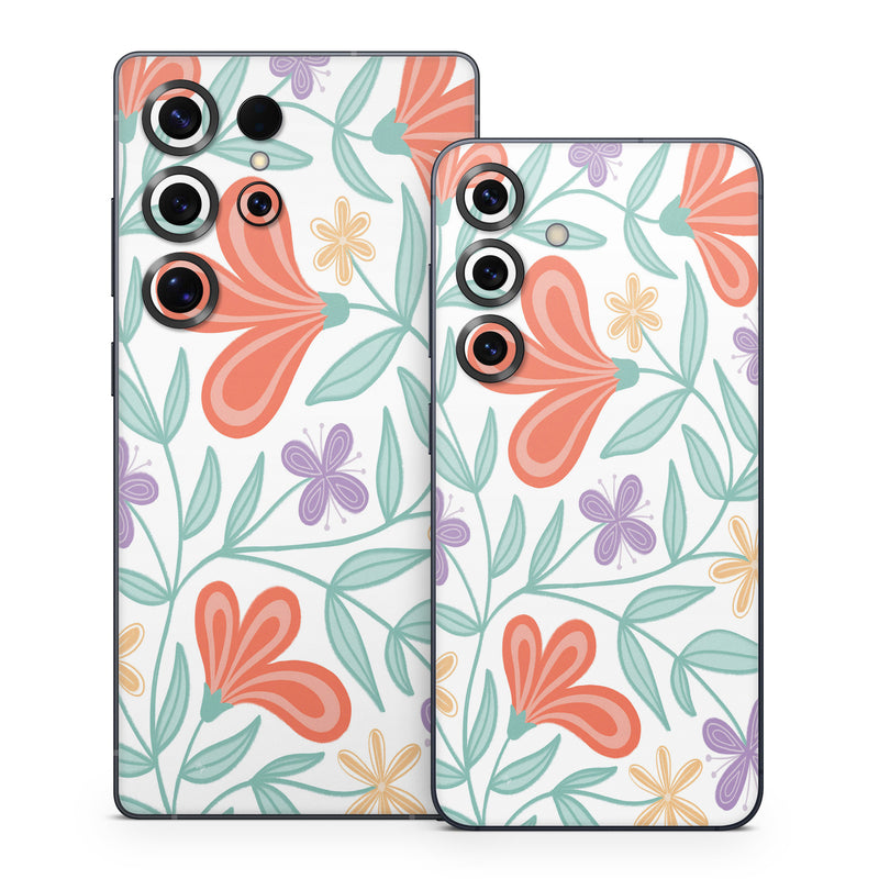 Samsung Galaxy S25 Series Skin design of Orange, Pink, Petal, Visual arts, Creative arts, Motif, Floral design, Wrapping Paper, Pedicel, Graphics, with white, green, red, purple, pink colors