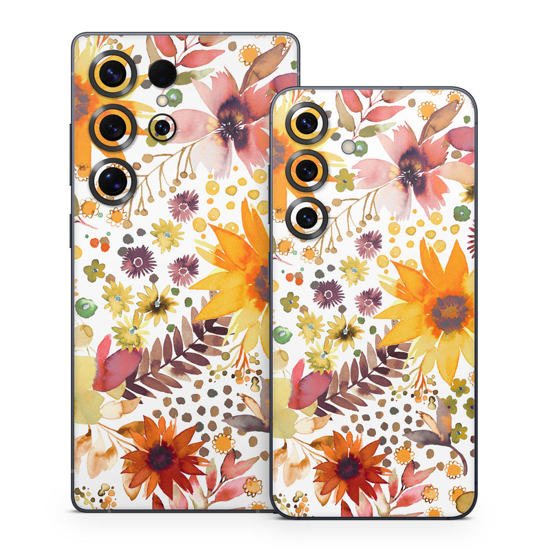 Samsung Galaxy S25 Series Skin design of Flower, Plant, Petal, Botany, Textile, Orange, Line, Groundcover, Creative arts, Flowering plant, with white, yellow, pink, green, brown, orange colors