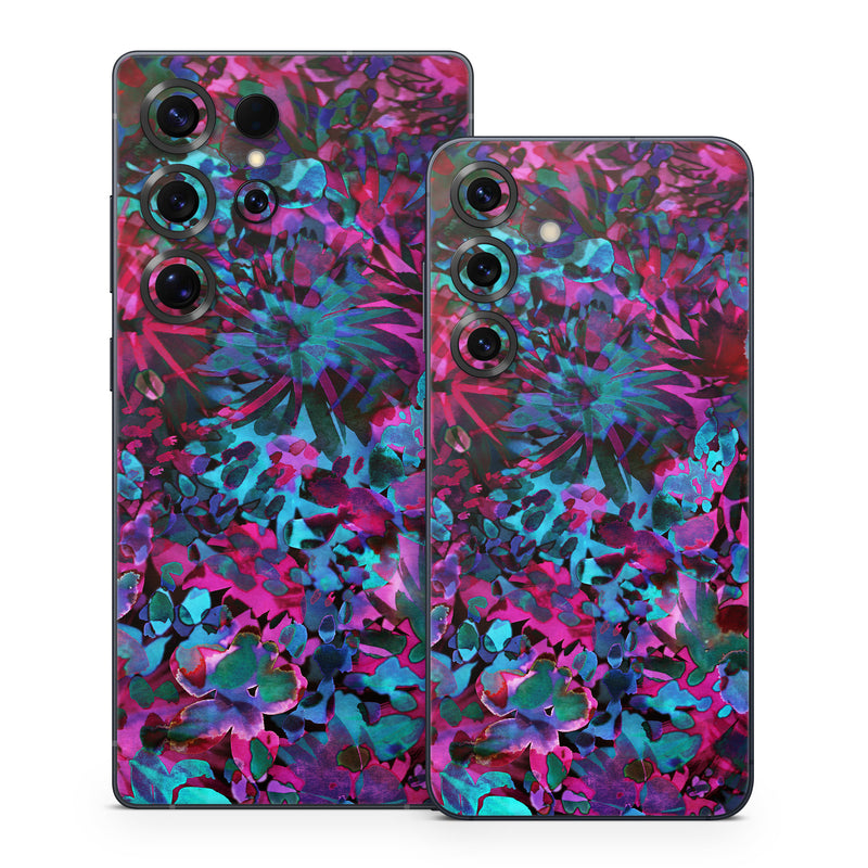 Samsung Galaxy S25 Series Skin design of Pink, Purple, Violet, Lilac, Flower, Leaf, Plant, Magenta, Botany, Pattern, with black, pink, purple, blue, green colors