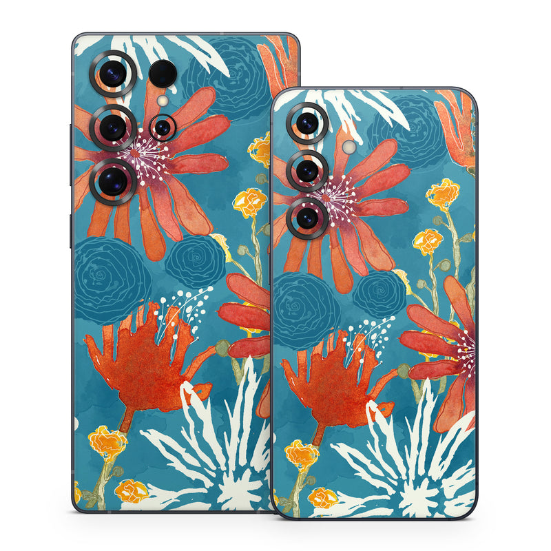 Samsung Galaxy S25 Series Skin design of Pattern, Visual arts, Wrapping paper, Design, Wildflower, Floral design, Textile, Flower, Plant, Motif, with blue, red, gray, yellow, green colors