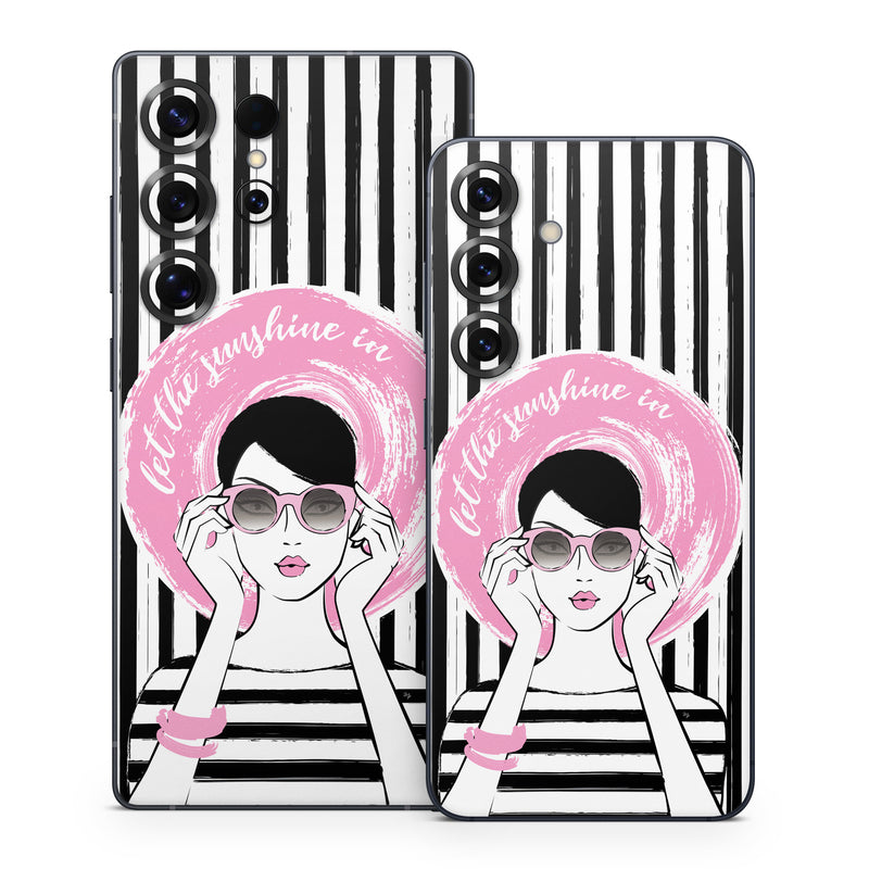 Samsung Galaxy S25 Series Skin design of Organ, Vision care, Purple, Pink, Violet, Font, Eyewear, Magenta, Line, Art, with black, white, pink, gray colors