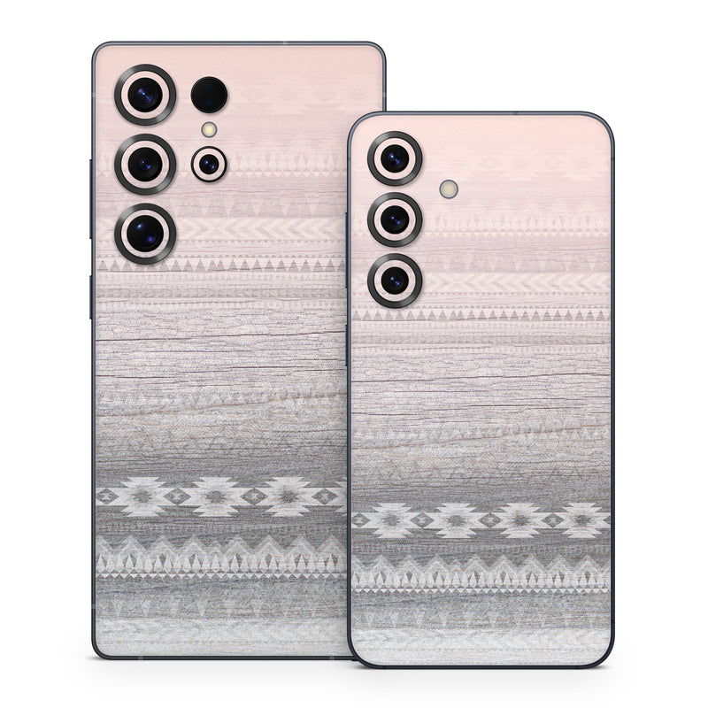 Samsung Galaxy S25 Series Skin design of White, Beige, Textile, Pattern, Lace, Tablecloth, Linen, Linens, with pink, white, gray colors