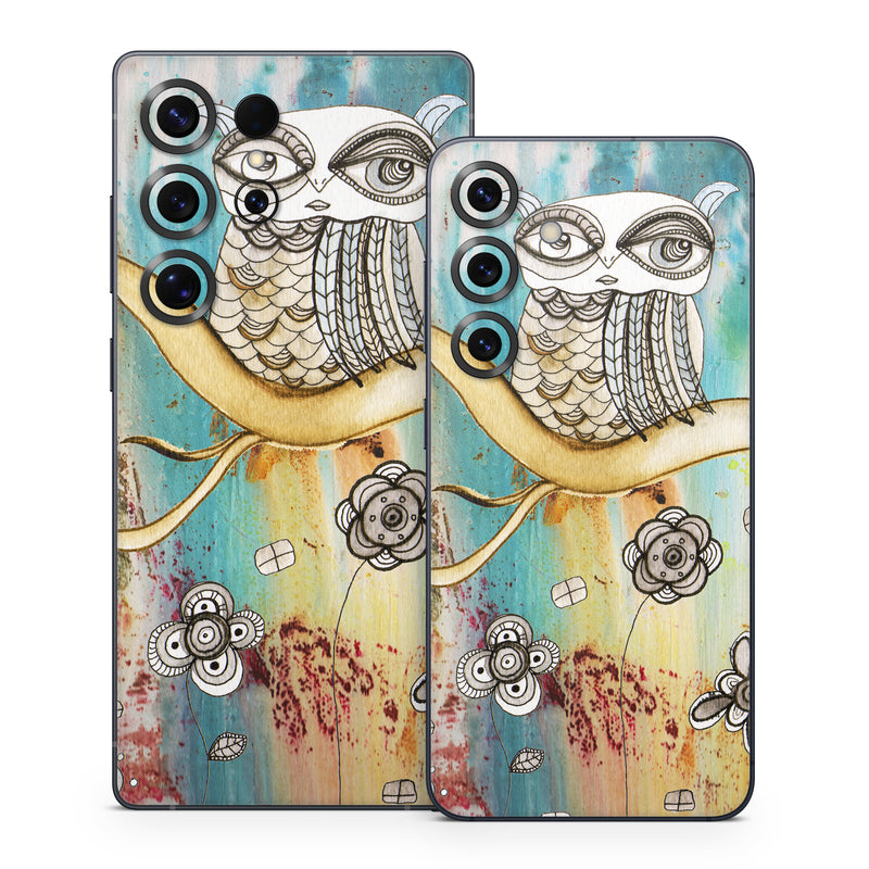 Samsung Galaxy S25 Series Skin design of Owl, Pink, Illustration, Art, Visual arts, Watercolor paint, Organism, Modern art, Graphic design, Pattern, with gray, red, green, black, blue, purple colors