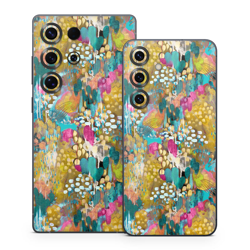 Samsung Galaxy S25 Series Skin design of Pattern, Textile, Design, Art, Visual arts, Wildflower, with green, gray, blue, black, red colors