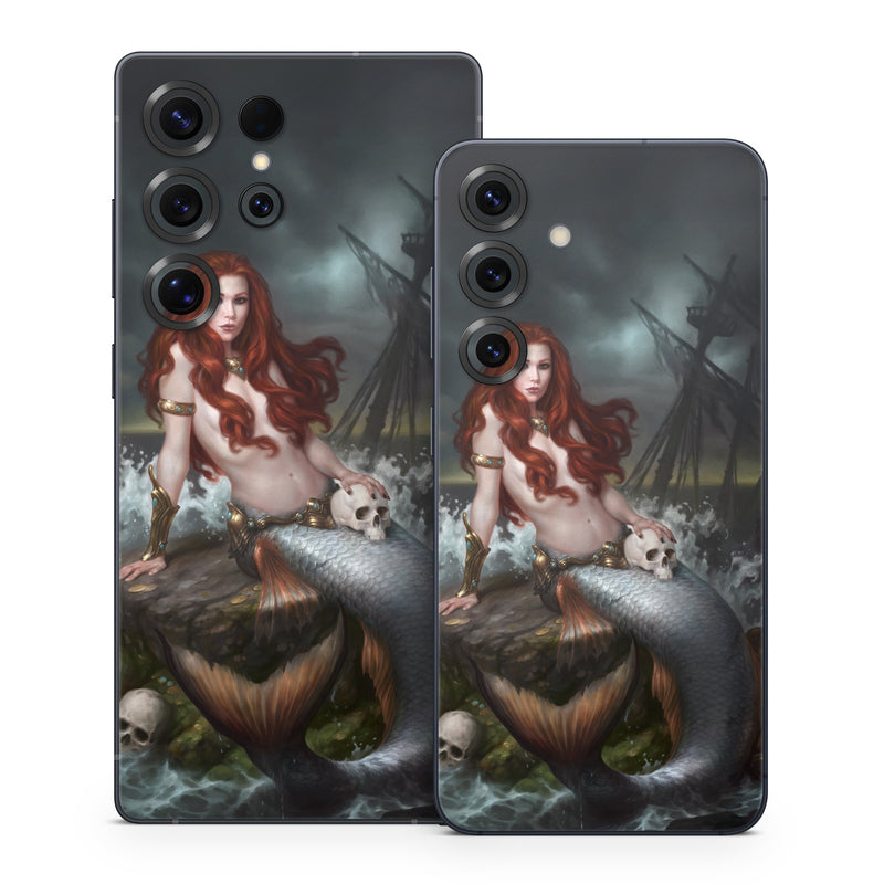 Samsung Galaxy S25 Series Skin design of Mermaid, Cg artwork, Illustration, Fictional character, Mythology, Mythical creature, Art, Long hair, Woman warrior, Sitting, with black, brown, red, yellow, white, gray colors