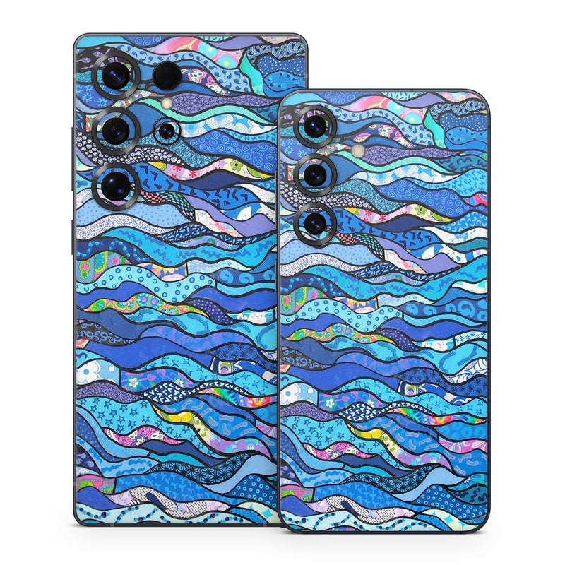 Samsung Galaxy S25 Series Skin design of Blue, Pattern, Aqua, Water, Line, Design, Textile, Psychedelic art, Electric blue, with blue, black, gray, purple colors