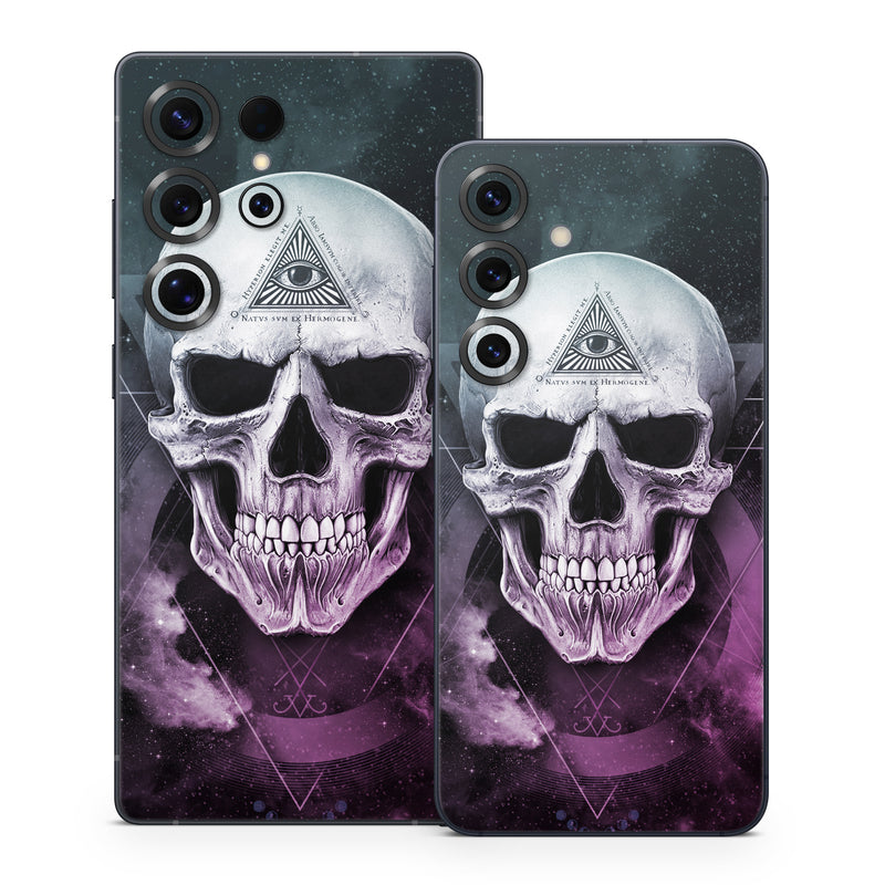Samsung Galaxy S25 Series Skin design of Skull, Bone, Illustration, Font, Jaw, Fictional character, Graphic design, Graphics, Art, with black, white, gray, purple colors