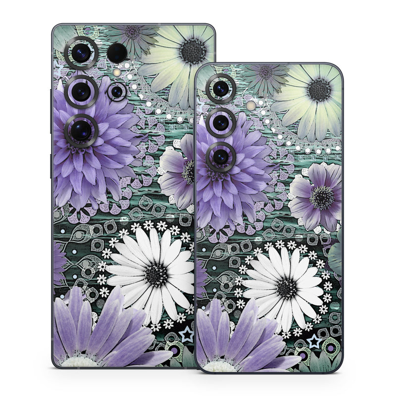 Samsung Galaxy S25 Series Skin design of Purple, Flower, african daisy, Pericallis, Plant, Violet, Lavender, Botany, Petal, Pattern, with gray, black, blue, purple, white colors
