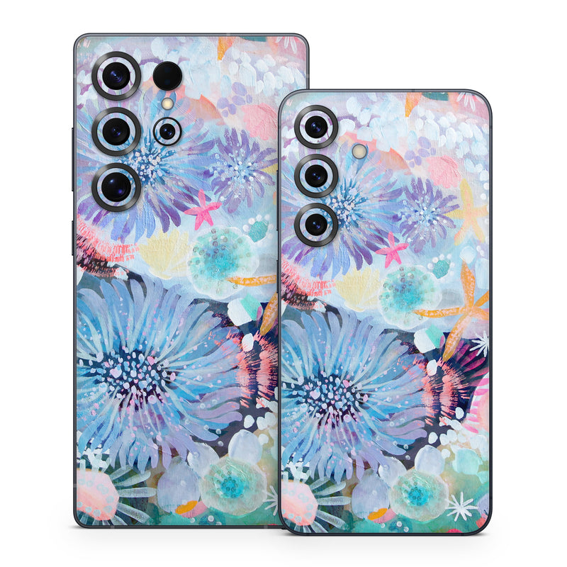 Samsung Galaxy S25 Series Skin design of Pattern, Aqua, Textile, Design, Watercolor paint, Visual arts, Flower, Art, Plant, Illustration, with blue, orange, pink, purple, green, white colors