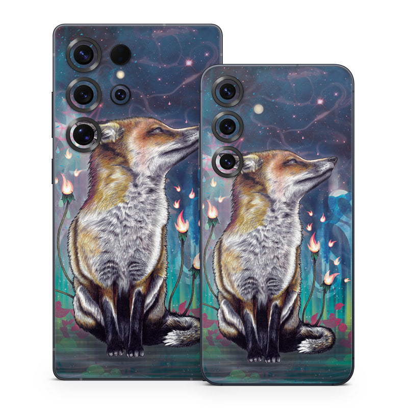 Samsung Galaxy S25 Series Skin design of Red fox, Art, Wildlife, Canidae, Illustration, Fox, Carnivore, Painting, Dhole, Red wolf, with black, gray, blue, red, green colors