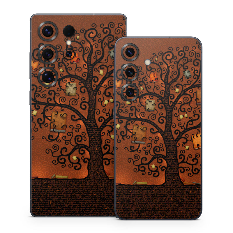 Samsung Galaxy S25 Series Skin design of Tree, Brown, Leaf, Plant, Woody plant, Branch, Visual arts, Font, Pattern, Art, with black colors