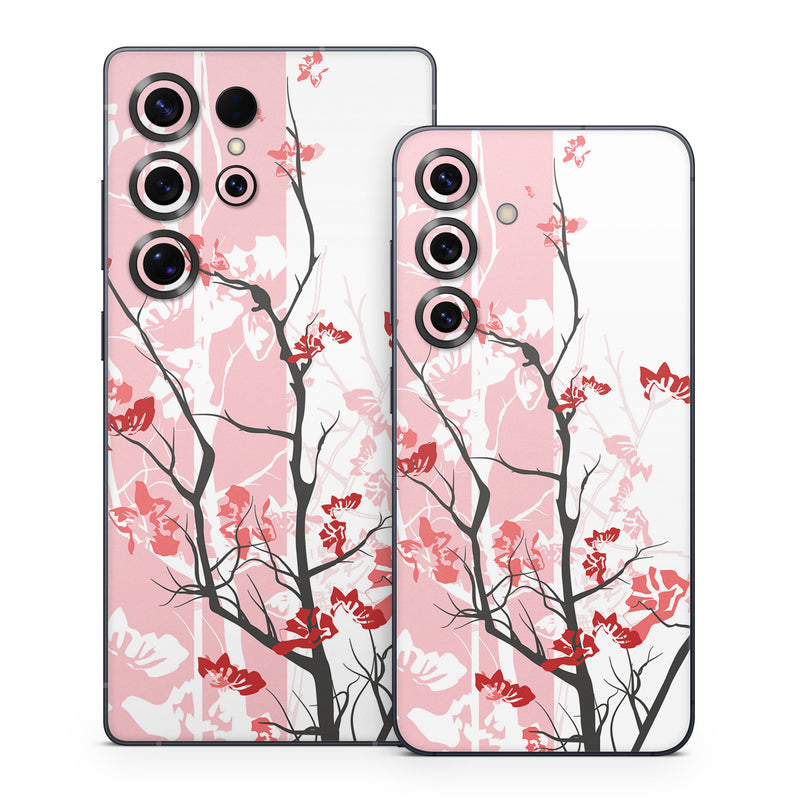 Samsung Galaxy S25 Series Skin design of Branch, Red, Flower, Plant, Tree, Twig, Blossom, Botany, Pink, Spring, with white, pink, gray, red, black colors