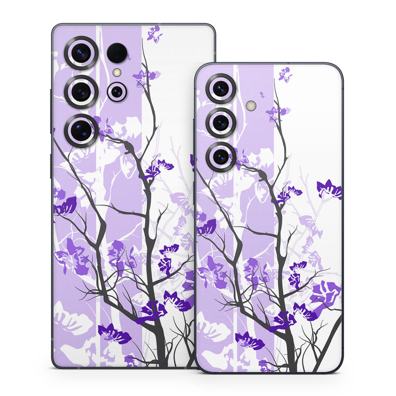 Samsung Galaxy S25 Series Skin design of Branch, Purple, Violet, Lilac, Lavender, Plant, Twig, Flower, Tree, Wildflower, with white, purple, gray, pink, black colors
