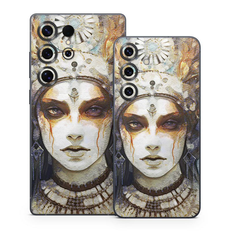 Samsung Galaxy S25 Series Skin design of Eye, Paint, Eyelash, Painting, Art, Headpiece, Beauty, Feather, Illustration, Mask, with white, black, yellow, brown, gray, blue colors