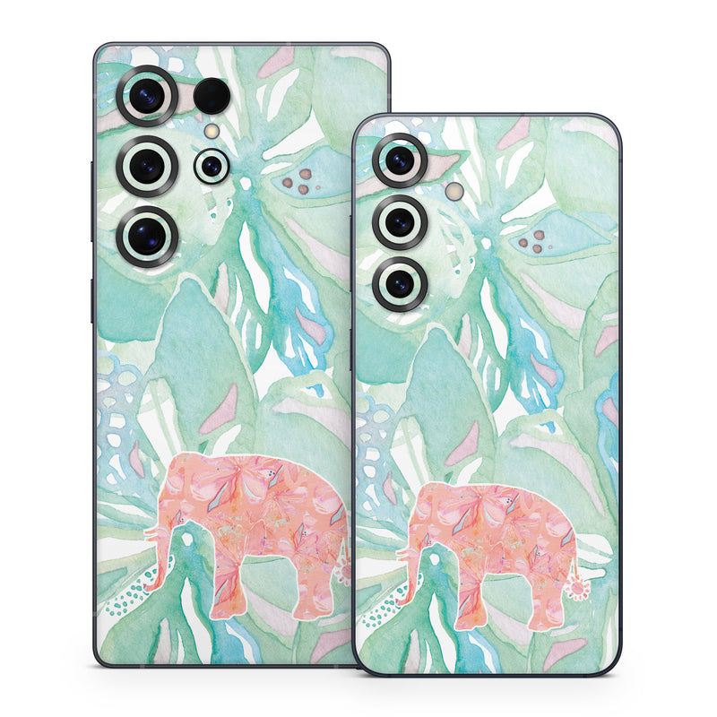 Samsung Galaxy S25 Series Skin design of Aqua, Turquoise, Pattern, Wrapping paper, Design, Illustration, Plant, Gift wrapping, Art, with blue, pink, white, green colors