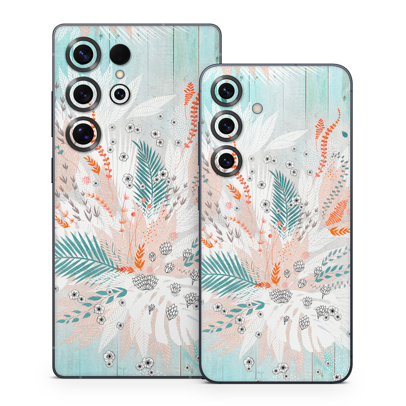 Samsung Galaxy S25 Series Skin design of Aqua, Turquoise, Graphic design, Line, Teal, Illustration, Watercolor paint, Design, Tree, Pattern, with blue, red, orange, white, gray colors