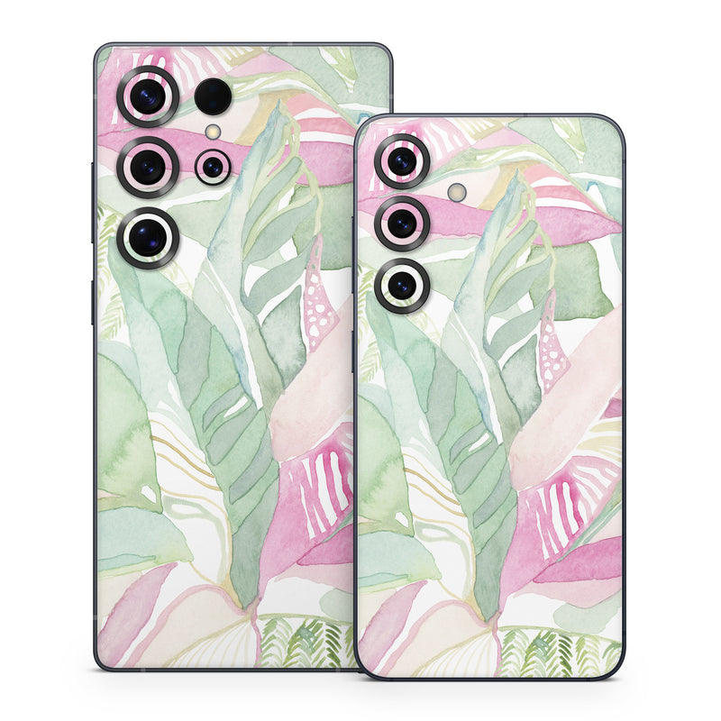 Samsung Galaxy S25 Series Skin design of Pink, Leaf, Botany, Pattern, Plant, Flower, Illustration, with white, green, pink, orange colors