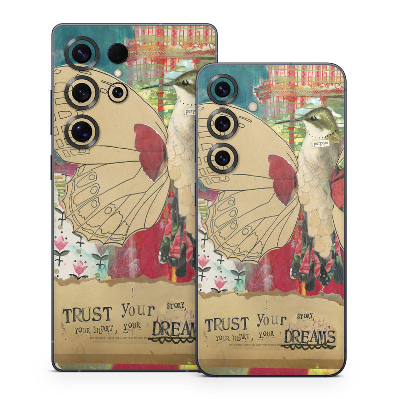 Samsung Galaxy S25 Series Skin design of Butterfly, Insect, Moths and butterflies, Pink, Pollinator, Illustration, Wing, Moth, Art, Invertebrate, with yellow, green, brown, red, blue, pink colors