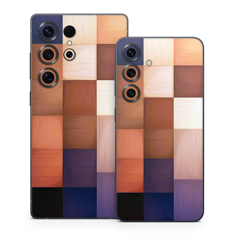 Samsung Galaxy S25 Series Skin design of Brown, Light, Rectangle, Product, Wood, Blue, Orange, Amber, Textile, Wood stain, with yellow, orange, red, black, brown, blue, purple colors