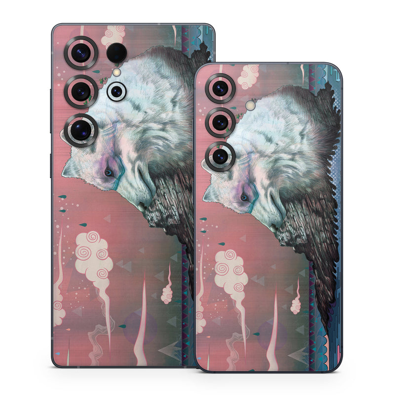 Samsung Galaxy S25 Series Skin design of Illustration, Drawing, Sketch, Art, Graphic design, Lion, Goats, Fictional character, Ink, Bison, with gray, purple, black, red colors