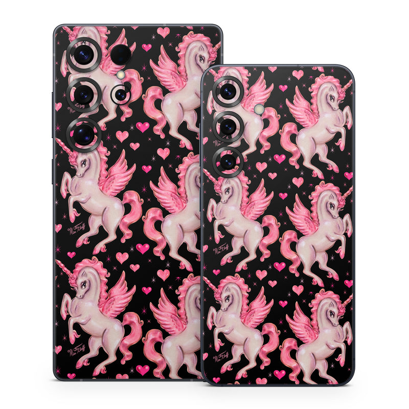 Samsung Galaxy S25 Series Skin design of Pink, Pattern, Fictional character, Design, Illustration, Font, Unicorn, Graphic design, Mythical creature, Art, with black, pink colors