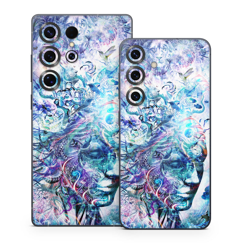 Samsung Galaxy S25 Series Skin design of Psychedelic art, Water, Fractal art, Art, Pattern, Graphic design, Design, Illustration, Electric blue, Visual arts, with blue, purple, green, red, gray, white colors