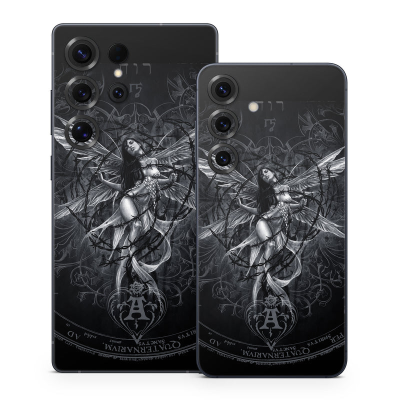 Samsung Galaxy S25 Series Skin design of Illustration, Graphic design, Darkness, Fictional character, Black-and-white, Pattern, Graphics, Mythical creature, Circle, Wing, with black, white colors