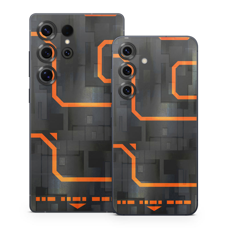Samsung Galaxy S25 Series Skin design of Orange, Font, Parallel, Pattern, Graphics, Rectangle, Logo, Brand, Graphic design, Event, with black, orange colors