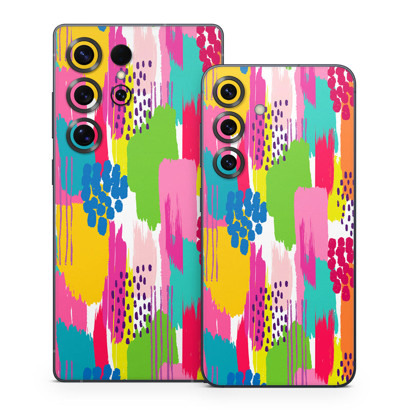 Samsung Galaxy S25 Series Skin design of Colorfulness, Textile, Rectangle, Font, Line, Painting, Art, Magenta, Material property, Pattern, with white, pink, yellow, orange, blue, red colors