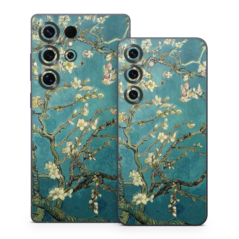Samsung Galaxy S25 Series Skin design of Tree, Branch, Plant, Flower, Blossom, Spring, Woody plant, Perennial plant, with blue, black, gray, green colors