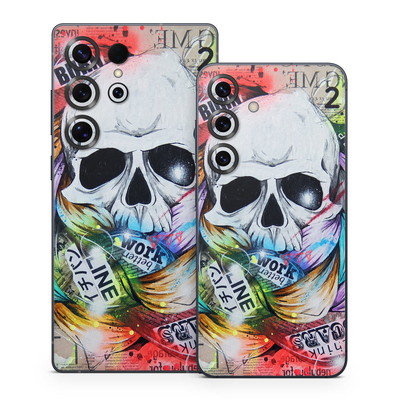 Samsung Galaxy S25 Series Skin design of Street art, Text, Graphic design, Font, Illustration, Art, Graffiti, Skull, Poster, Advertising, with gray, black, red, green, blue colors