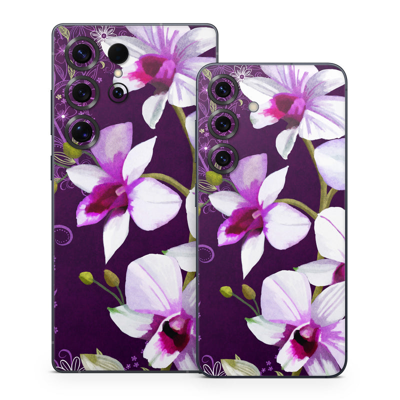 Samsung Galaxy S25 Series Skin design of Flower, Purple, Petal, Violet, Lilac, Plant, Flowering plant, cooktown orchid, Botany, Wildflower, with black, gray, white, purple, pink colors