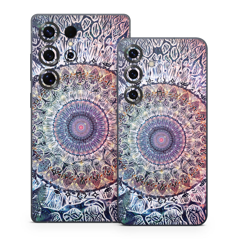 Samsung Galaxy S25 Series Skin design of Tapestry, Pattern, Art, Close-up, Circle, Fractal art, Textile, Eye, Design, Kaleidoscope, with blue, red, yellow, purple, green colors
