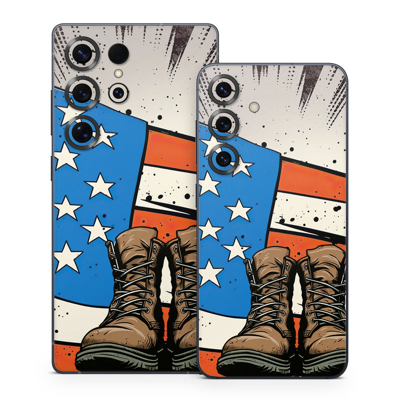 Samsung Galaxy S25 Series Skin design of Footwear, Shoe, Walking shoe, Outdoor shoe, Line, Flag of the united states, Sneakers, Font, Art, Human leg, with red, blue, white, black, brown, gray colors