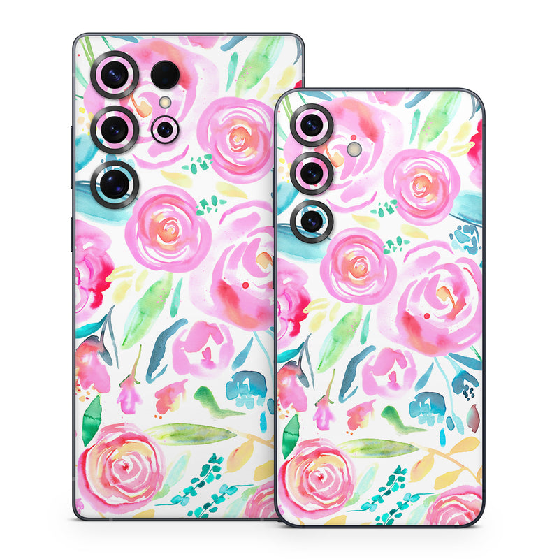 Samsung Galaxy S25 Series Skin design of Flower, Plant, Petal, Pink, Art, Material property, Magenta, Flowering plant, Pattern, Rose family, with white, pink, green, blue, yellow colors