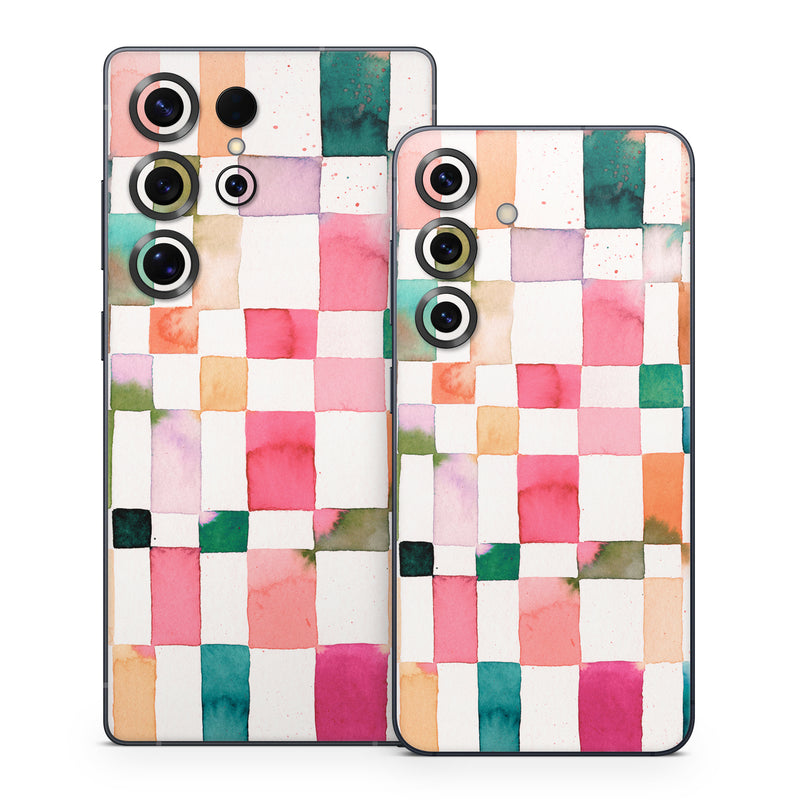 Samsung Galaxy S25 Series Skin design of Brown, Rectangle, Product, Textile, Art, Pink, Line, Aqua, Magenta, Symmetry, with white, pink, green, red, blue, orange, purple colors