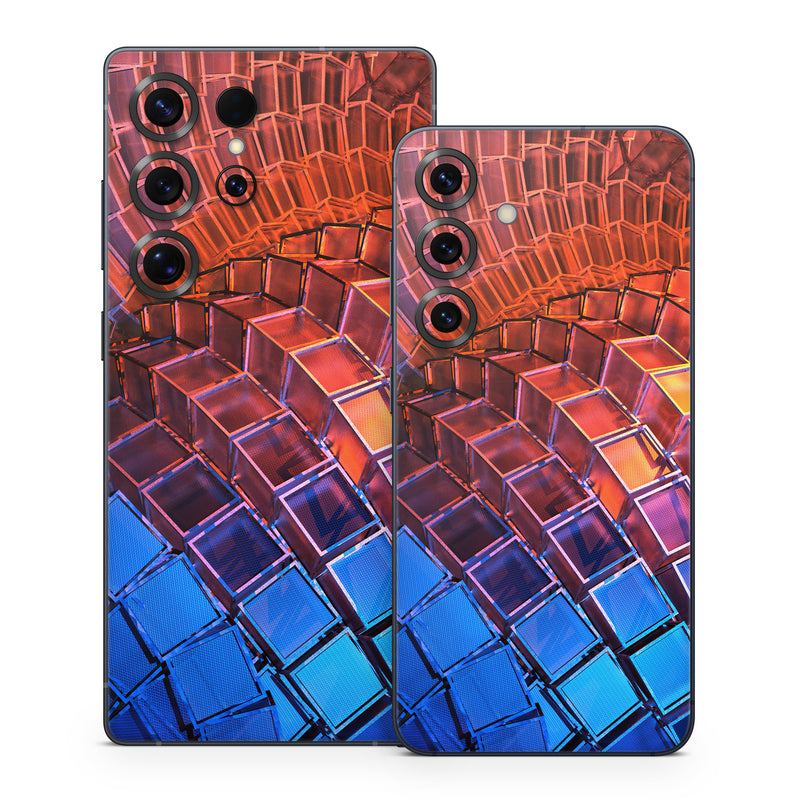 Samsung Galaxy S25 Series Skin design of Blue, Red, Orange, Light, Pattern, Architecture, Design, Fractal art, Colorfulness, Psychedelic art, with black, red, blue, purple, gray colors