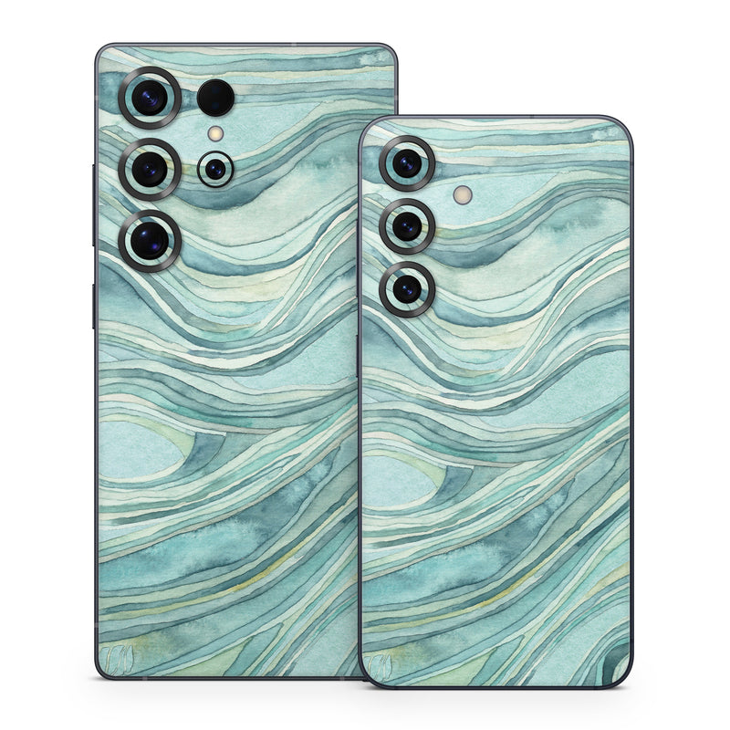 Samsung Galaxy S25 Series Skin design of Aqua, Blue, Pattern, Turquoise, Teal, Water, Design, Line, Wave, Textile, with gray, blue colors