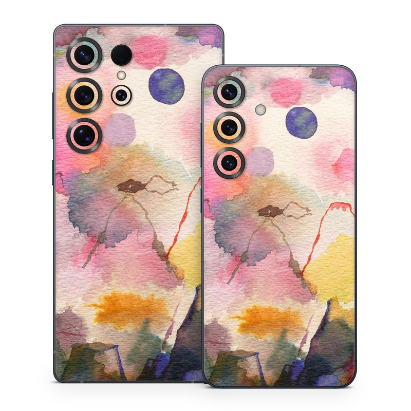 Samsung Galaxy S25 Series Skin design of Watercolor paint, Flower, Textile, Painting, Art, Plant, Pattern, Visual arts, Floral design, Paint, with white, pink, red, yellow, green, blue, black, orange colors