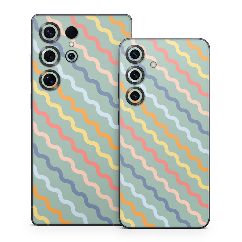 Samsung Galaxy S25 Series Skin design of Azure, Blue, Orange, Textile, Wood, Art, Font, Line, Aqua, Symmetry, with blue, orange, yellow, pink colors