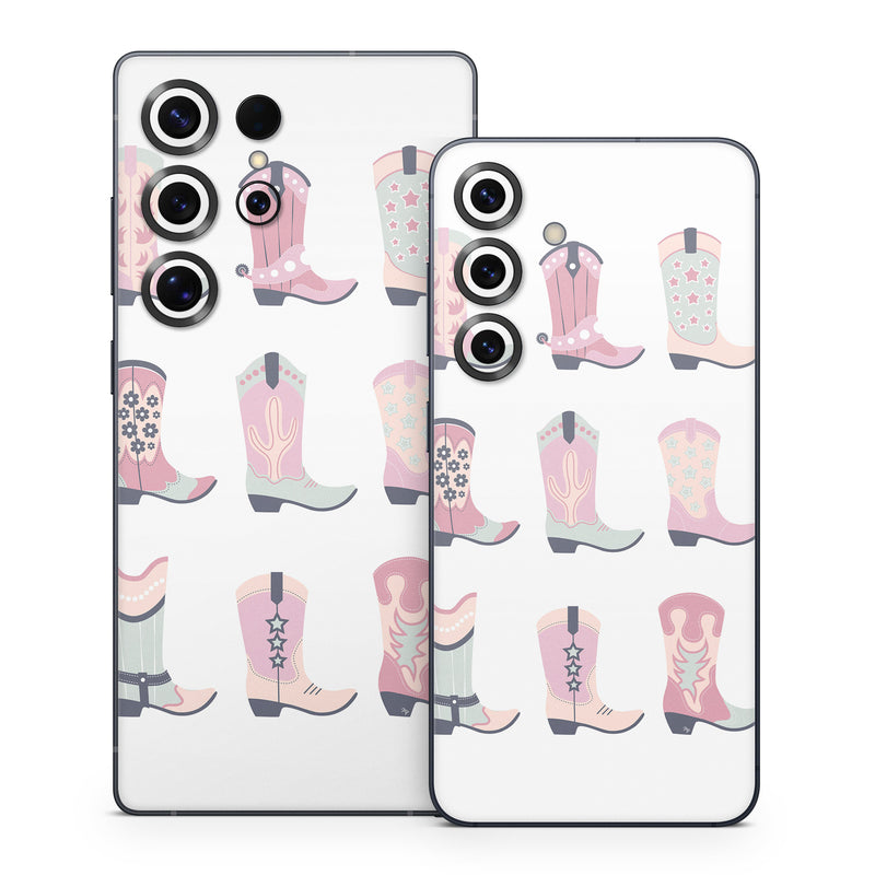 Samsung Galaxy S25 Series Skin design of Footwear, Shoe, White, Durango boot, Product, Fashion, Textile, Pink, Font, Red, with pink, white, blue, brown colors