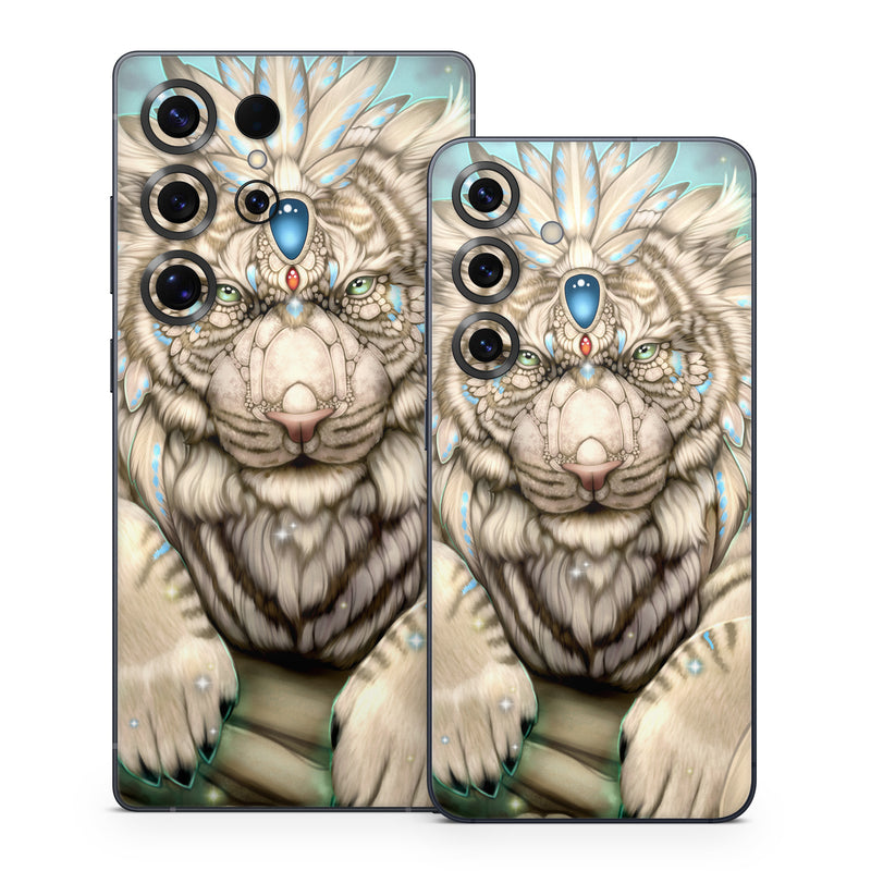 Samsung Galaxy S25 Series Skin design of Mythical creature, Sleeve, Textile, Gesture, Felidae, Tattoo, Big cats, Font, Temporary tattoo, Painting, with white, blue, black, gray colors