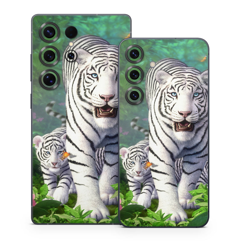 Samsung Galaxy S25 Series Skin design of Plant, Eye, Plant community, Vertebrate, Felidae, Leaf, Botany, Carnivore, Organism, Terrestrial plant, with white, black, blue, green, pink, yellow colors