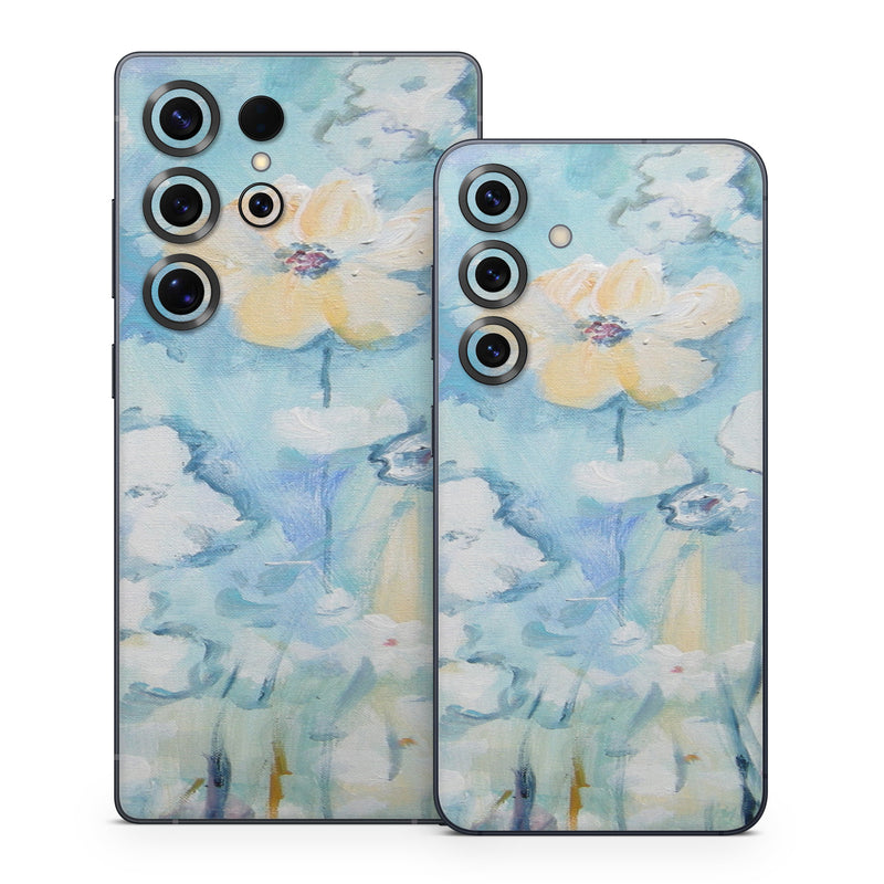 Samsung Galaxy S25 Series Skin design of Blue, Watercolor paint, Painting, Flower, Plant, Art, Acrylic paint, Wildflower, Visual arts, Floral design, with gray, blue colors