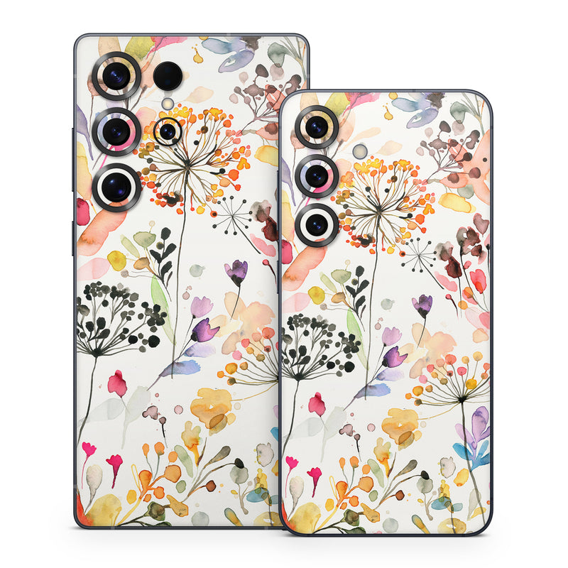 Samsung Galaxy S25 Series Skin design of Flower, Petal, Rectangle, Branch, Creative arts, Plant, Line, Art, Painting, Font, with white, pink, red, yellow, orange, green, blue, purple colors